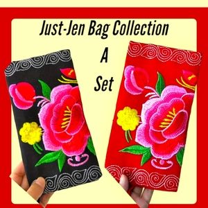 NEW!! A Set of Vintage Floral Embroidered Long Wallets in Rose Red and Black!!